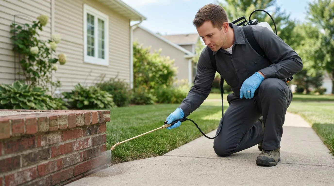 Pest control technician treating a home near New Providence, IA