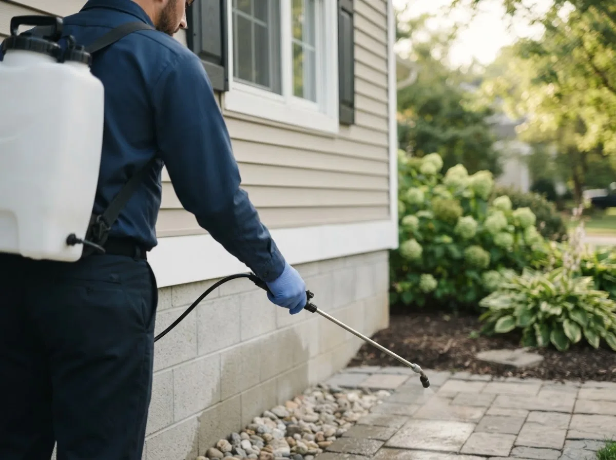 Pest control technician inspecting a home in New Providence, IA